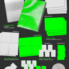 NCT 127's 7th Album photobook version package layout on a dark background, showing multiple included items such as a photobook, CD-R, stickers, and postcard and photocard with bright green and white components