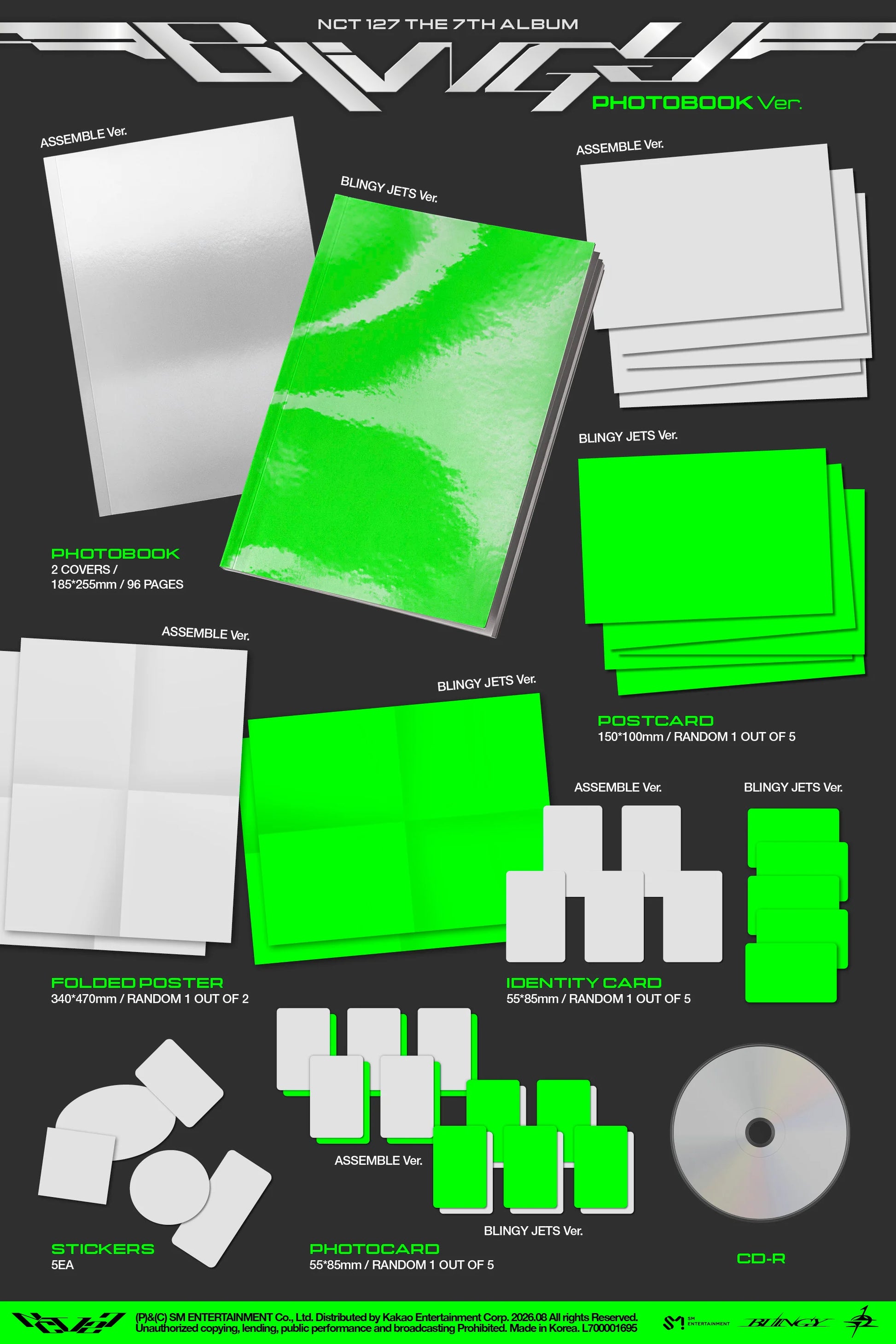NCT 127's 7th Album photobook version package layout on a dark background, showing multiple included items such as a photobook, CD-R, stickers, and postcard and photocard with bright green and white components