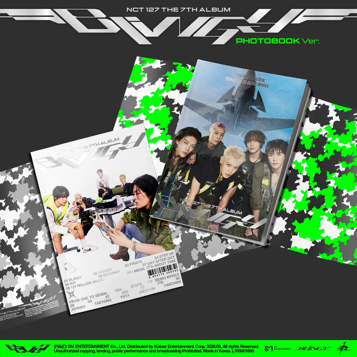 NCT 127's The 7th Album BLINGY Photobook Ver. album packaging shown at an angle on a dark gray background with green and black camouflage patterns.