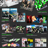 A promotional collage poster for NCT 127's 7th Album BLINGY. The design features a dark gray background with multiple angled product mockups including album art, book covers, stickers, and photocards, with bright green and white accents.