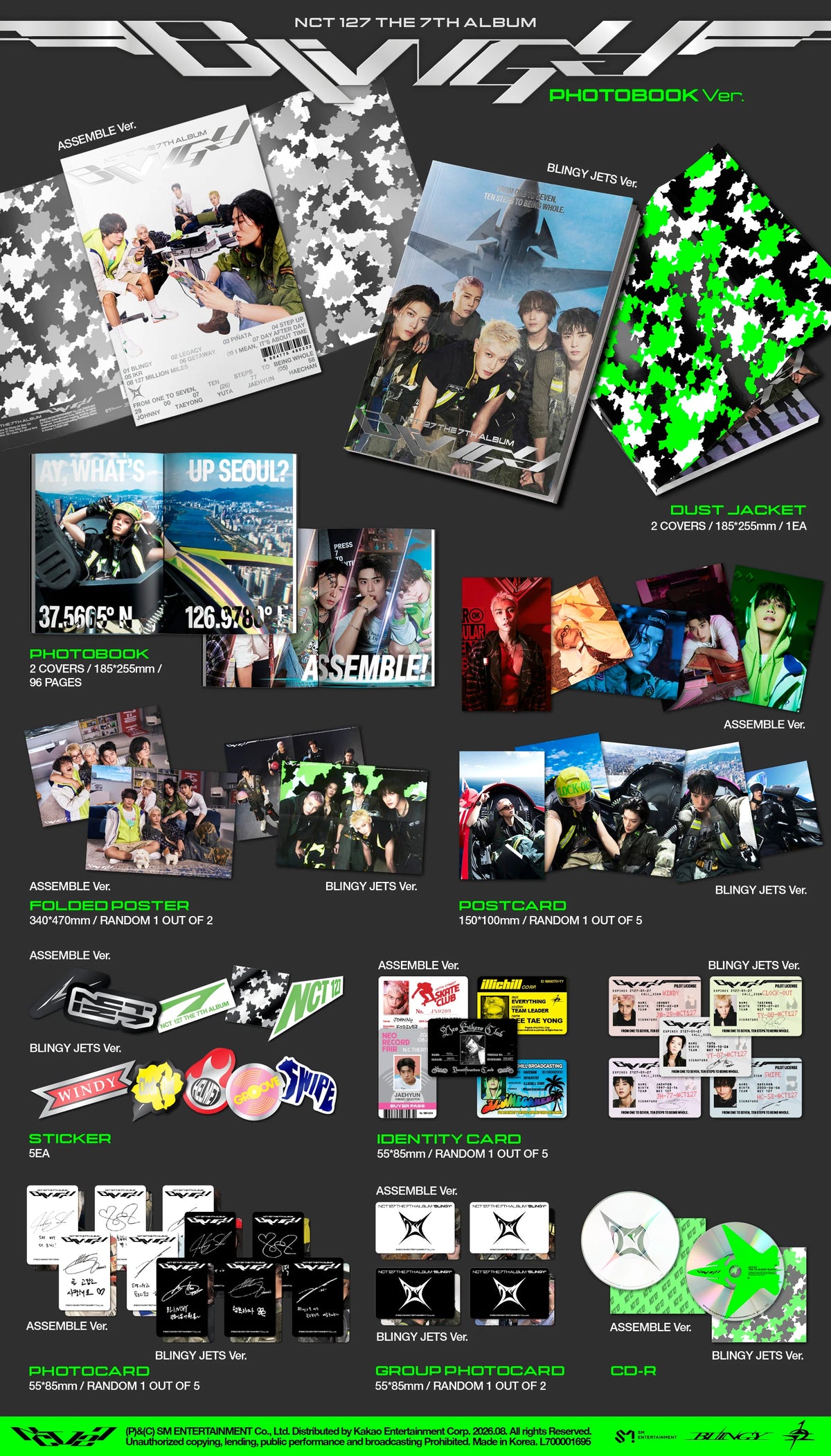 A promotional collage poster for NCT 127's 7th Album BLINGY. The design features a dark gray background with multiple angled product mockups including album art, book covers, stickers, and photocards, with bright green and white accents.