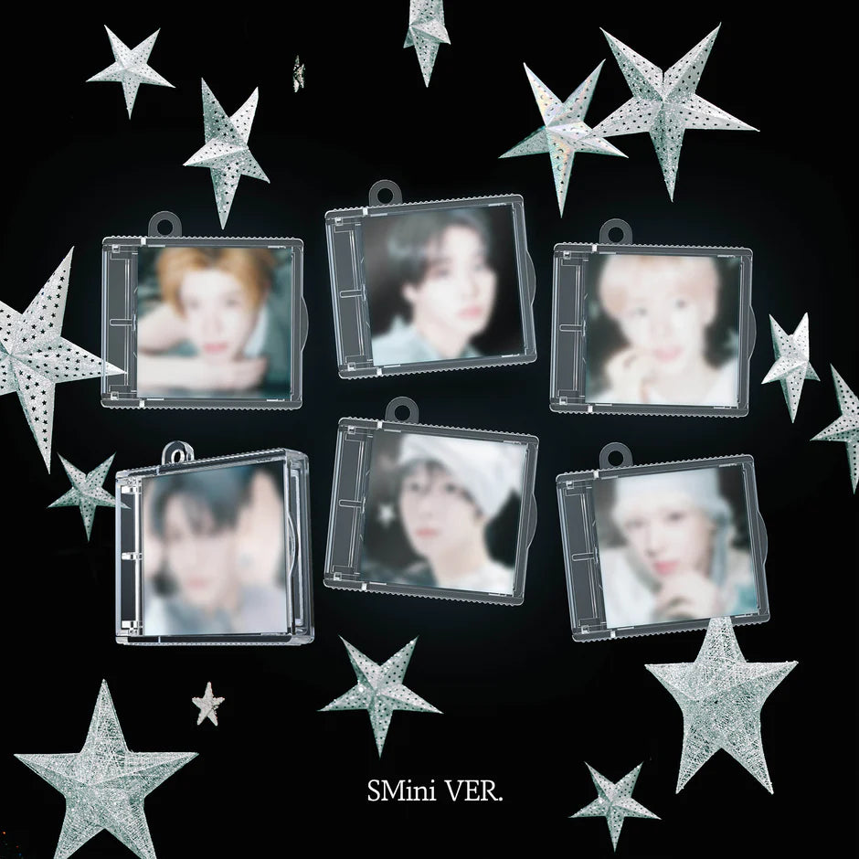 Clear glass card holders with star designs and individual NCT Wish's members' photo on a black background