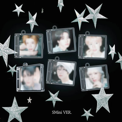 Clear glass card holders with star designs and individual NCT Wish's members' photo on a black background