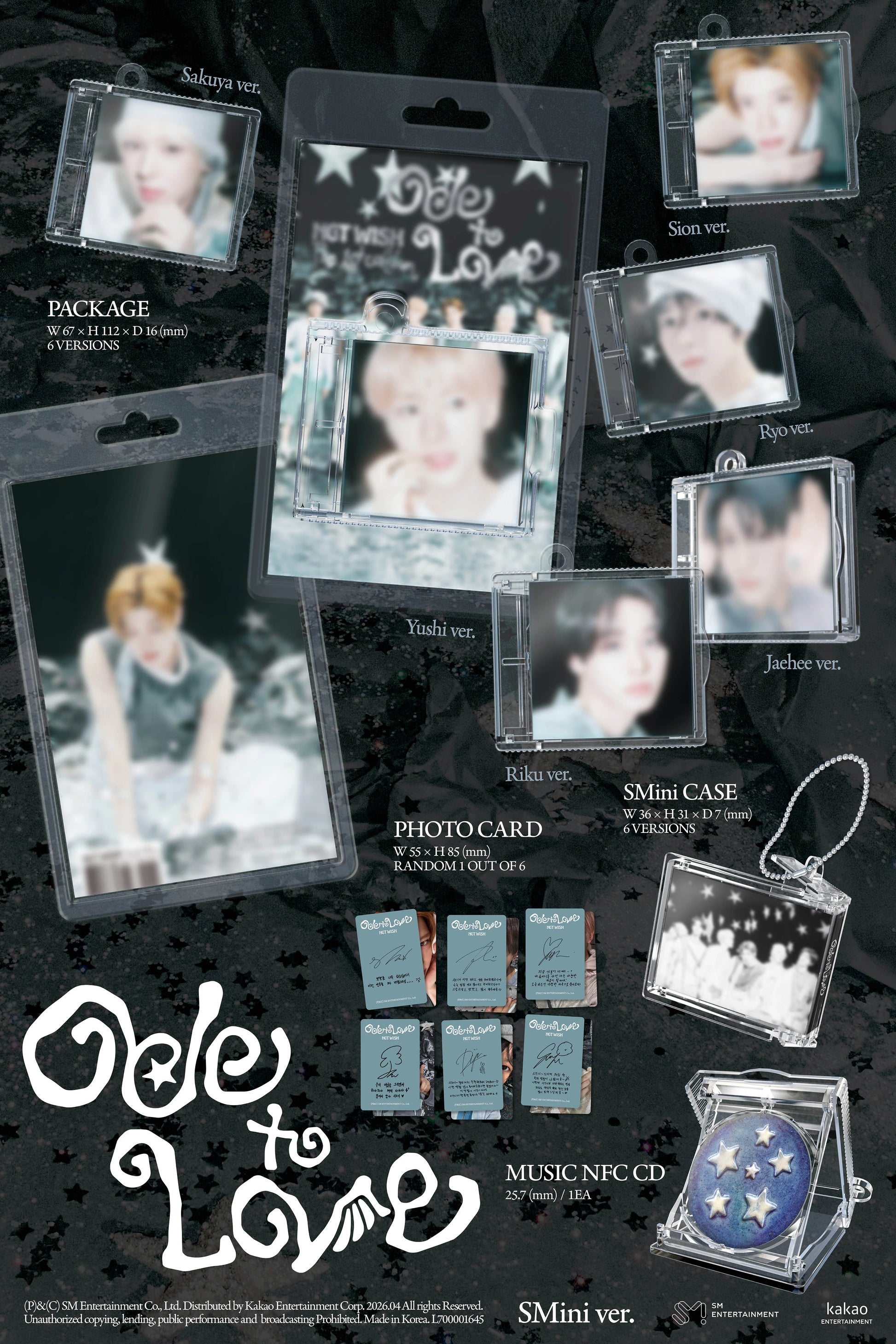 Inclusions of NCT Wish's 'Ode to Love' album  including photo cards and cases on a dark background.
