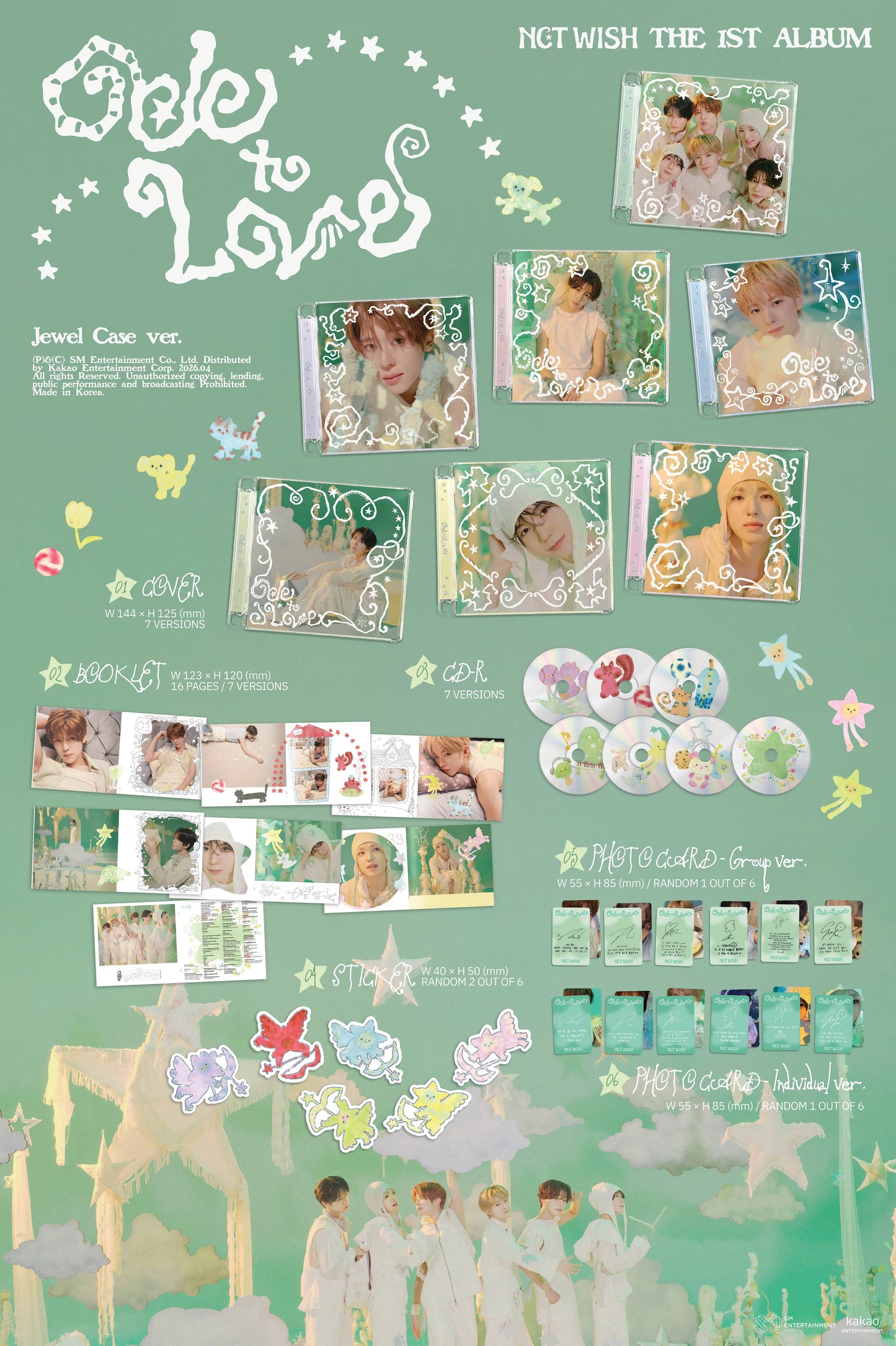 Promotional poster for a NCT WIsh's Ode to Love album with various images and text on a green background