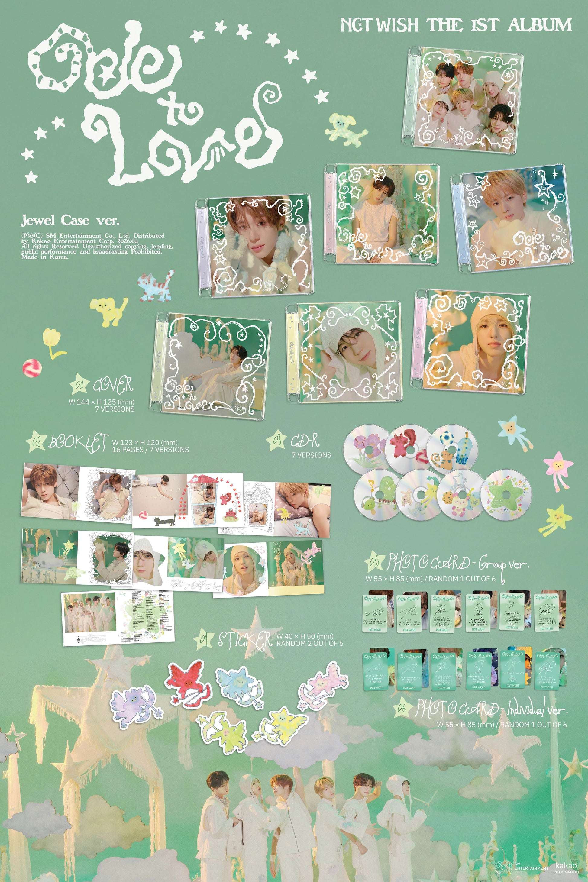 Promotional poster for a NCT WIsh's Ode to Love album with various images and text on a green background