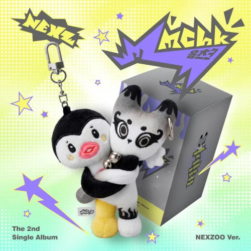 NEXZ's 2nd single album includes a pkeychain and box with cartoon characters on a colorful background