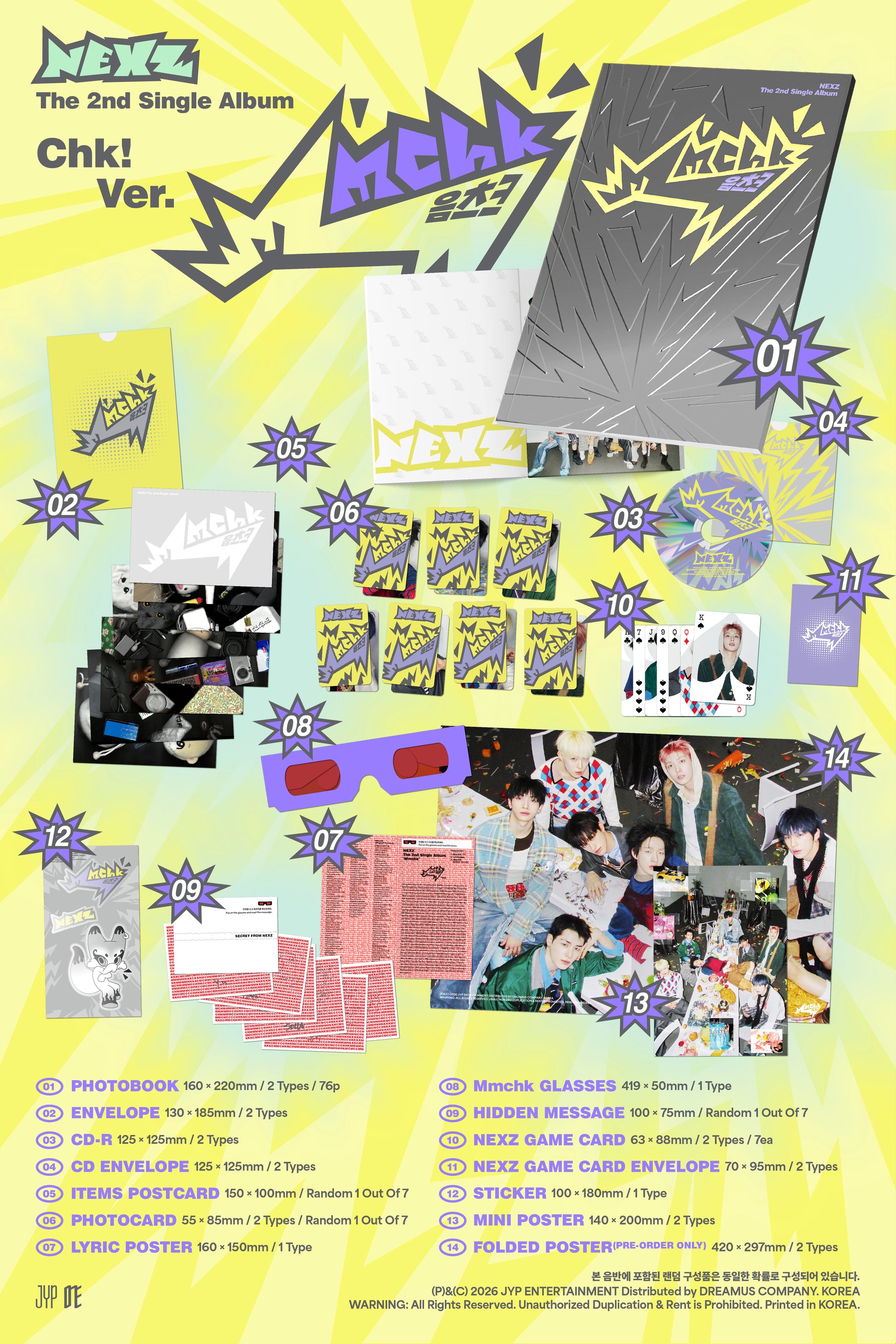 Promotional poster for NEXZ's 2nd Single Album Chk! Ver. with product images and layout.