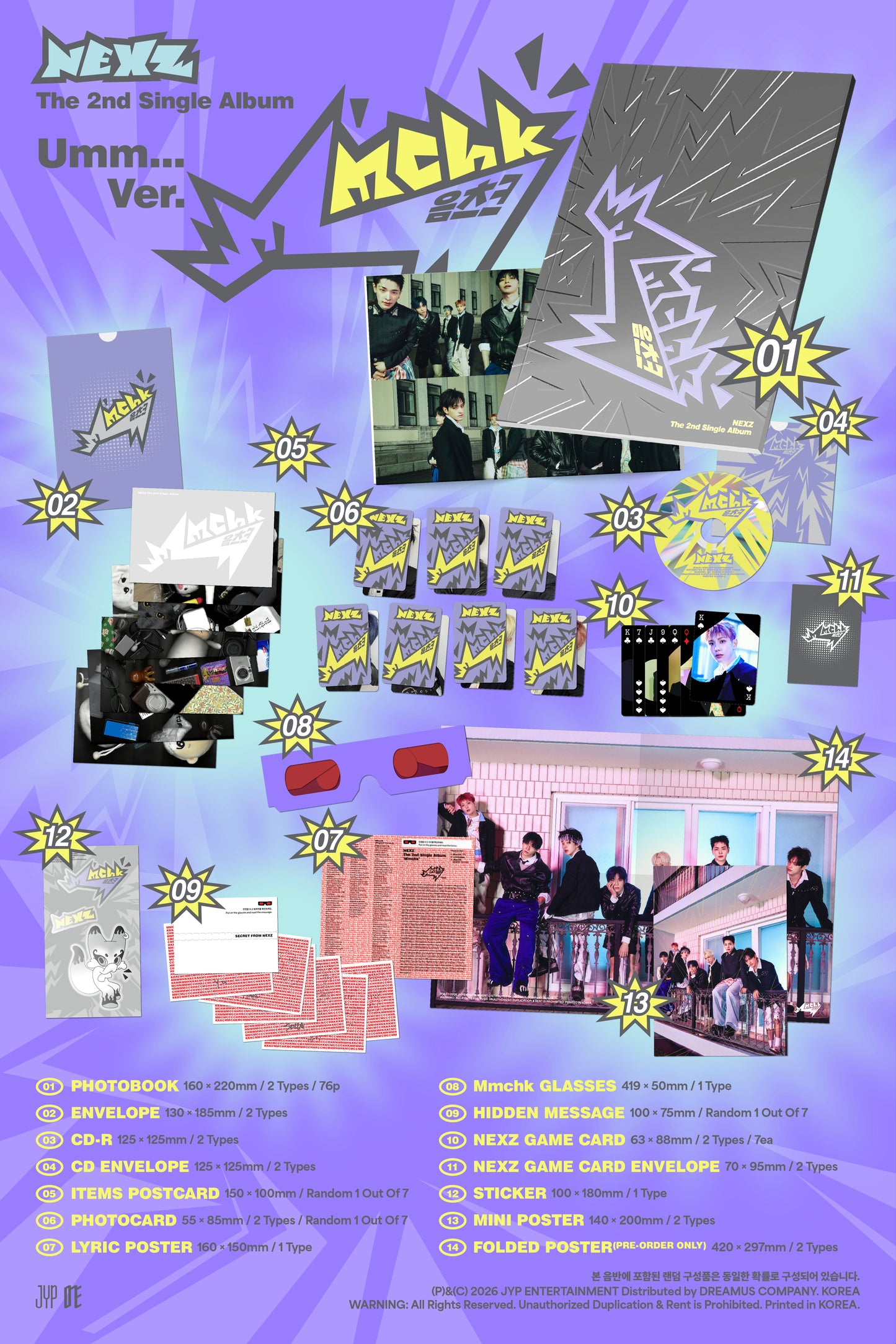 Promotional poster for NEXZ's 2nd single album 'Umm...' version with product images and text.