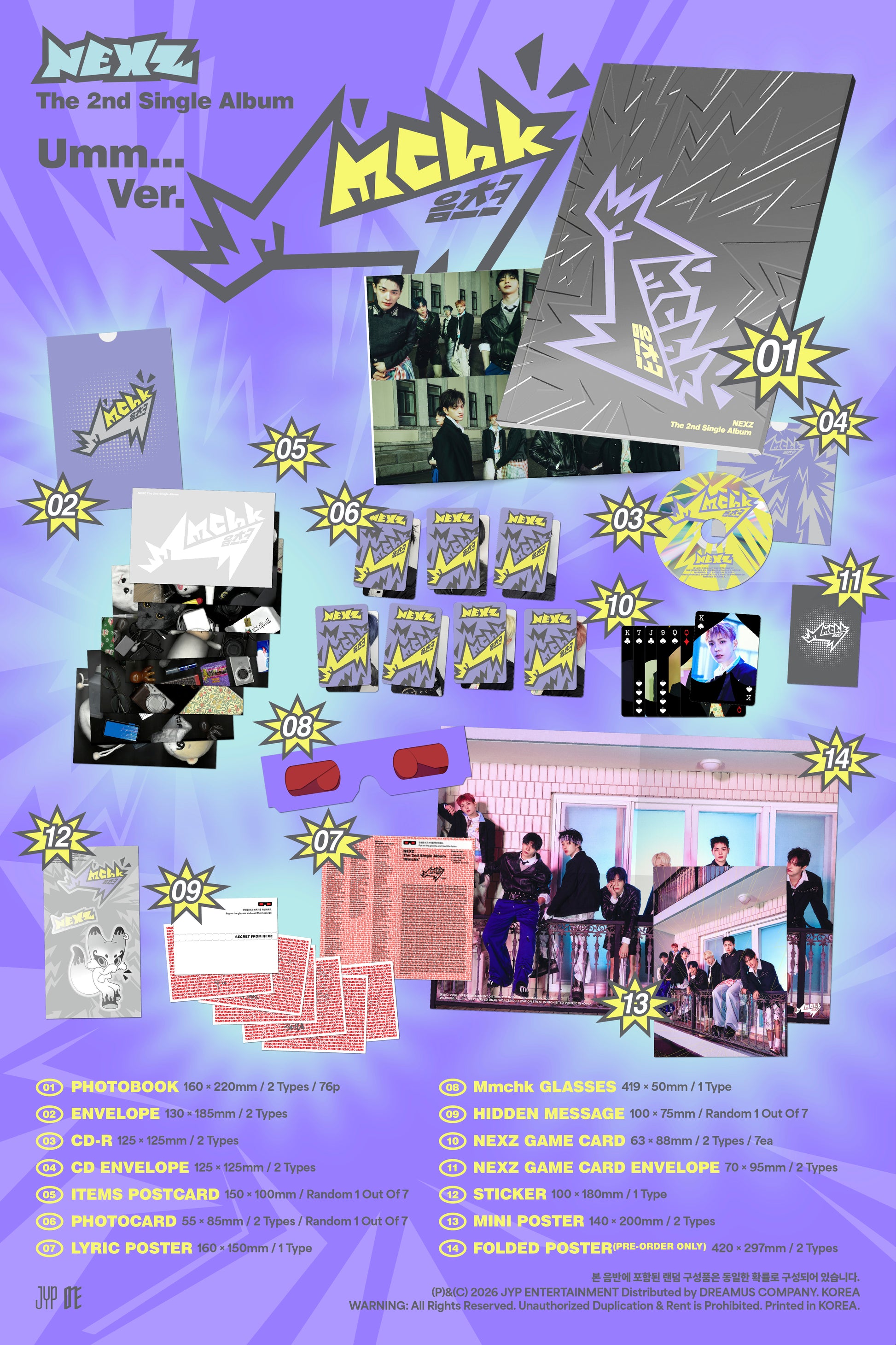 Promotional poster for NEXZ's 2nd single album 'Umm...' version with product images and text.