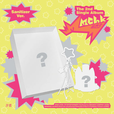 NEXZ's 2nd single album cover with text and graphics on a yellow background