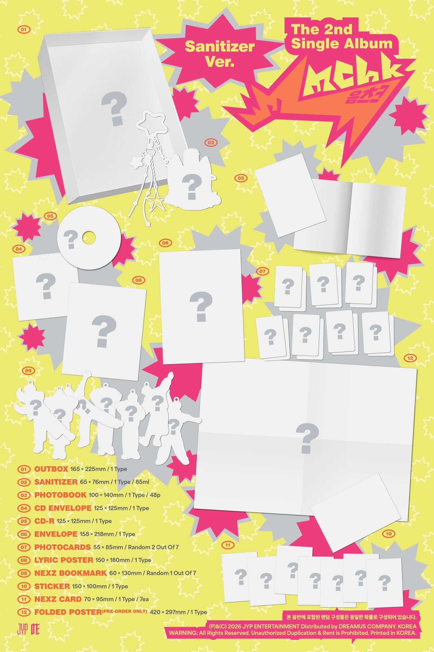 Promotional image of NEXZ's 2nd single album packaging with question marks and colorful text on a yellow background.