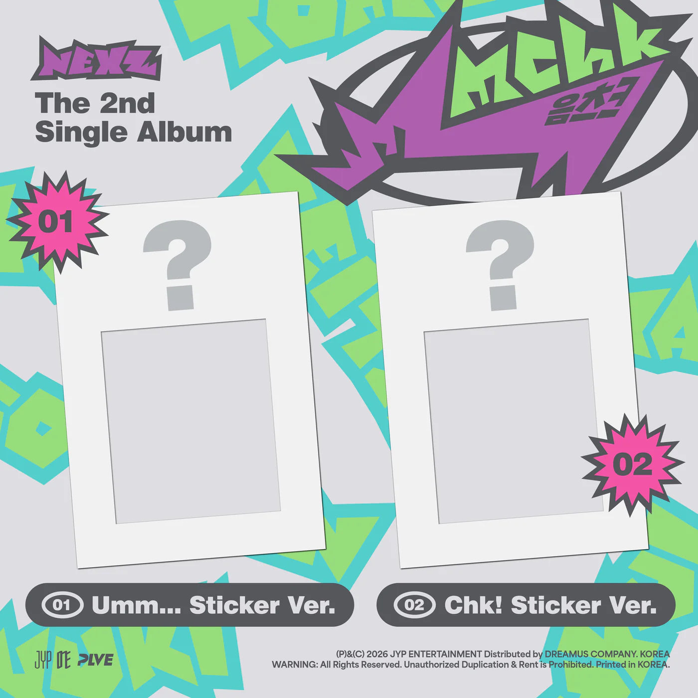 NEXZ's 2nd single album cover with two white frames featuring question marks on a colorful background with text and logos.