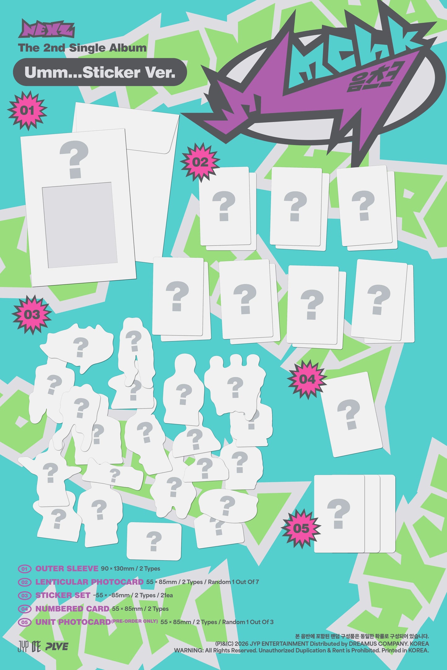 Promotional material for NEXZ's 2nd single album with question mark stickers on a colorful background