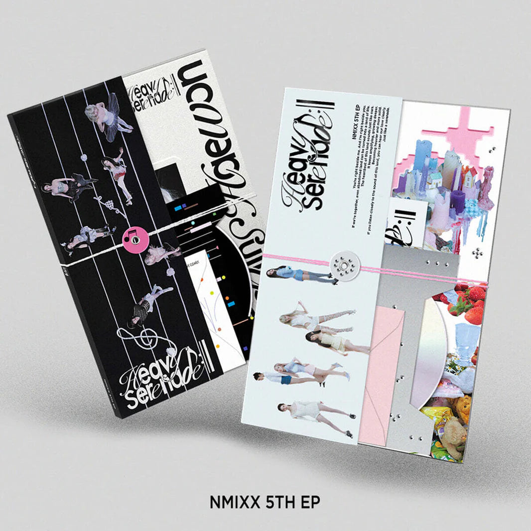 Two music album covers for NMIXX's 5th EP on a light gray background