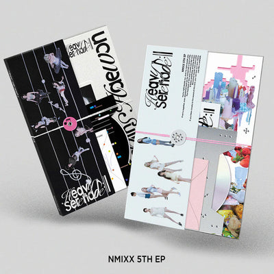 Two music album covers for NMIXX's 5th EP on a light gray background
