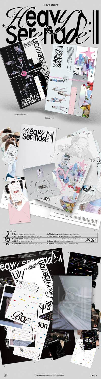 Collage NMIXX's 5th EP album inclusions with 'Heavy Serenade' text on a light grey background