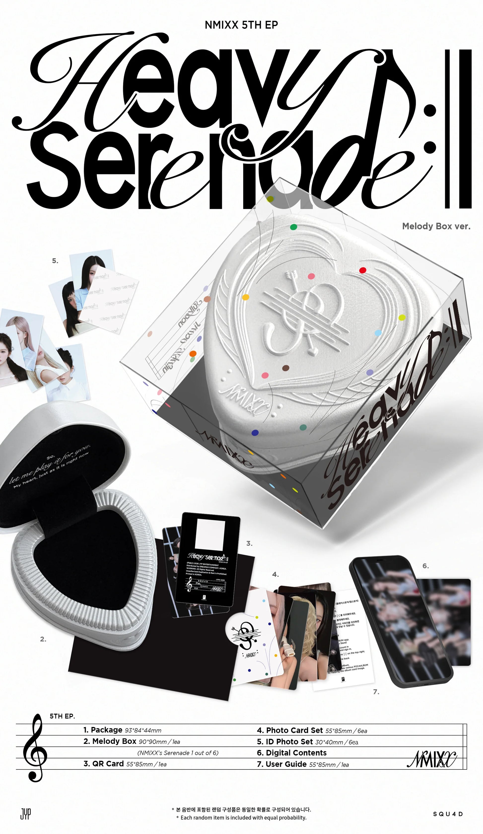 NMIXX's album with 'Heavy Serenade' branding and inclusions of various items including a photo card set and a gift card.