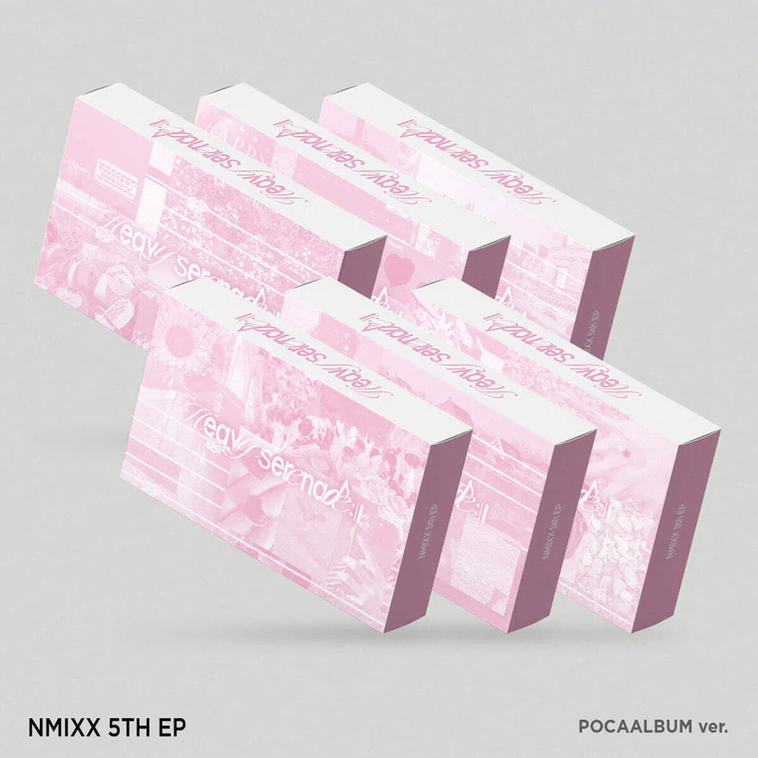 NMIXX 5th EP packaging with pink and white design on a gray background