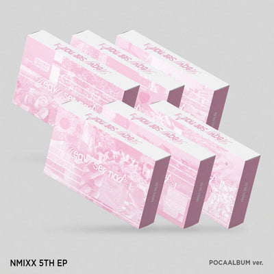 NMIXX 5th EP packaging with pink and white design on a gray background