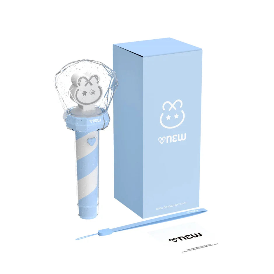 ONEW's Blue and white lightstick with clear crystal top and blue box packaging on a white background