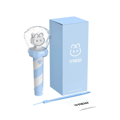 ONEW's Blue and white lightstick with clear crystal top and blue box packaging on a white background