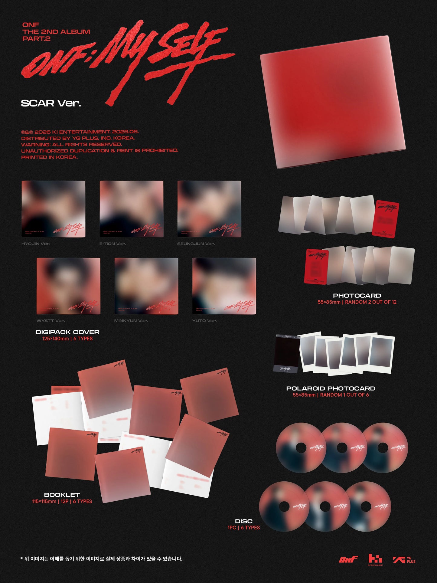 Inclusions of ONF's 2nd album with various items including polaroids, photocards, and a booklet.