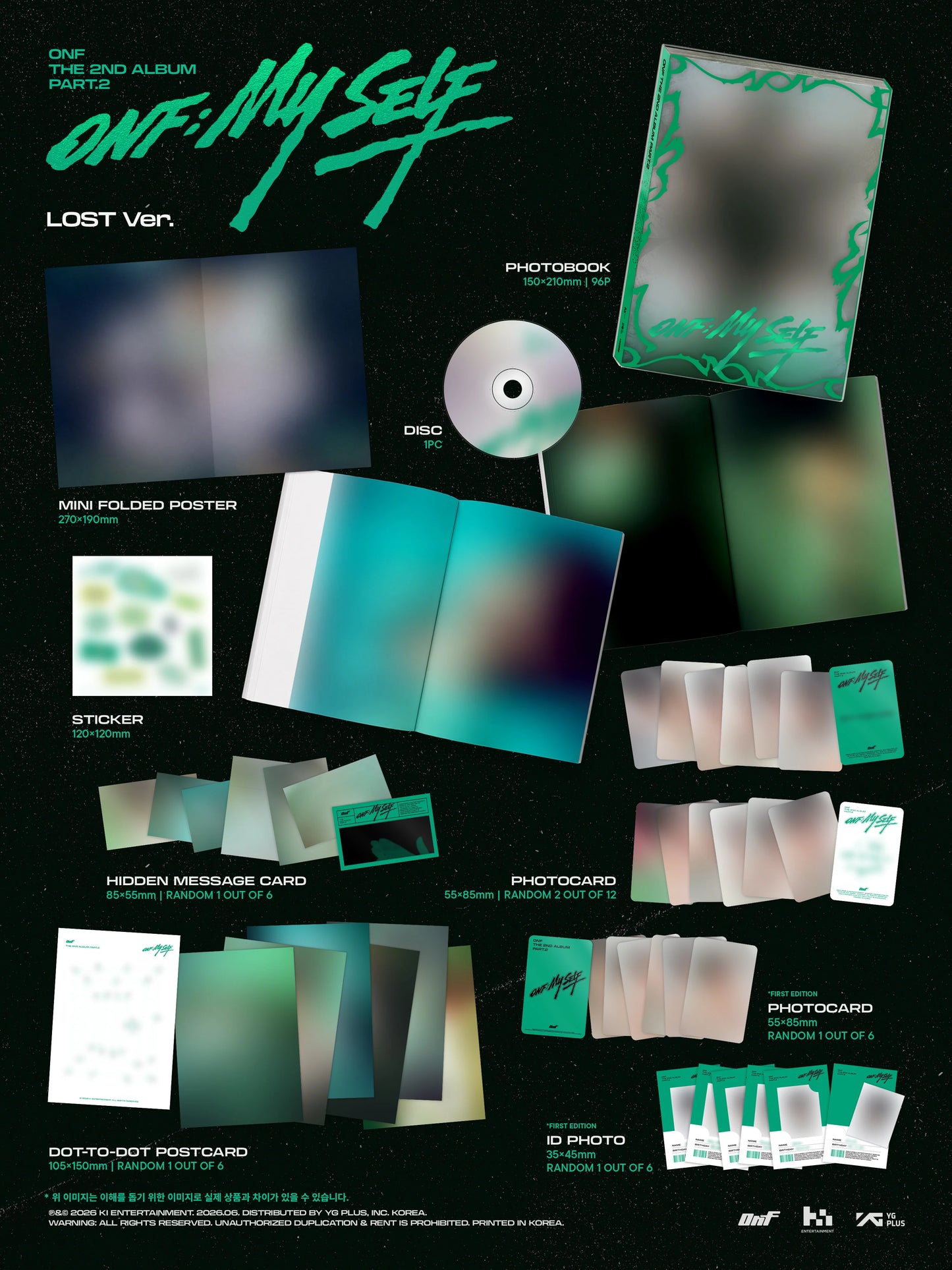 Inclusions of ONF's album with various items on a black background