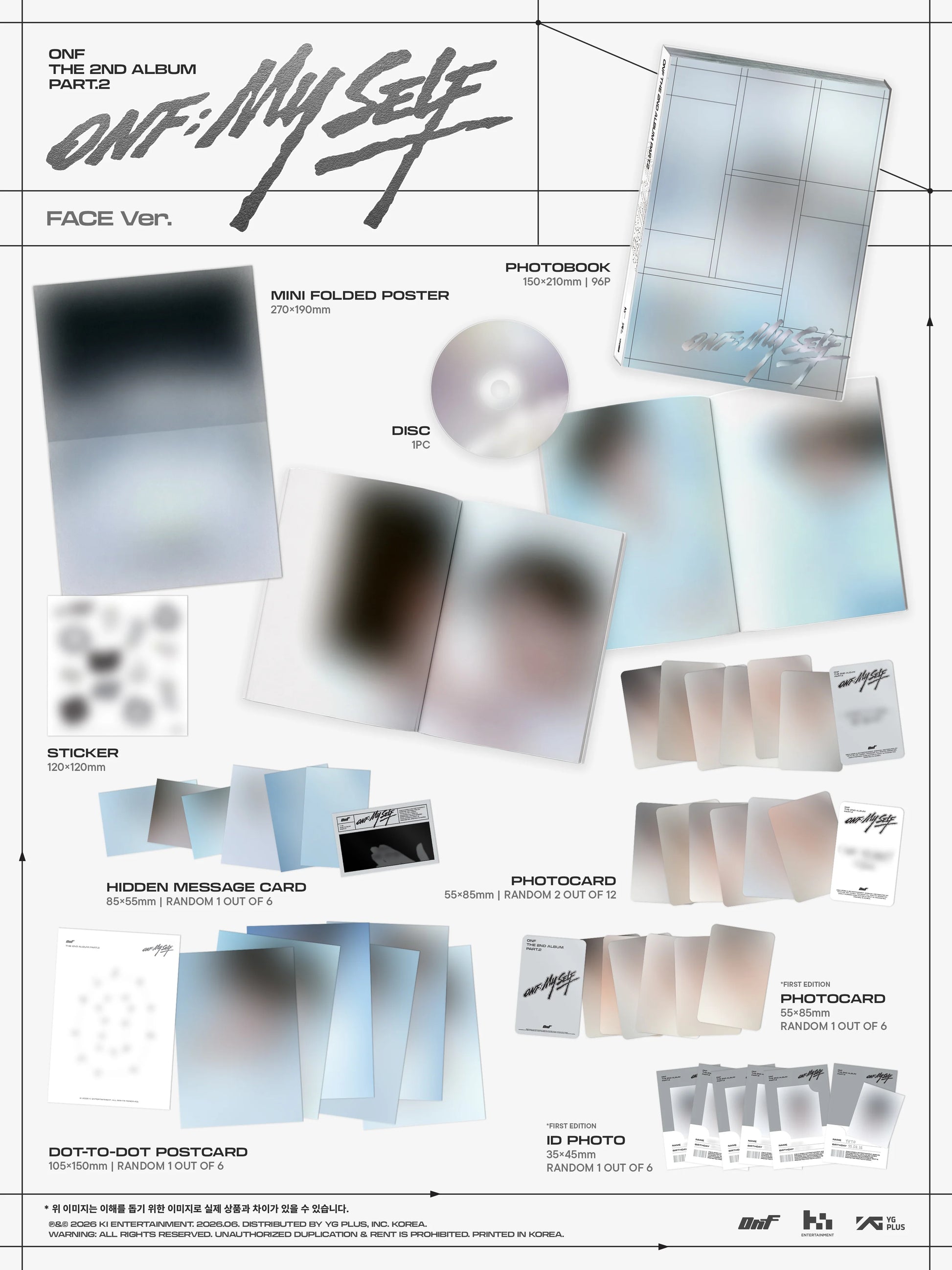 Product inclusion display of ONF's album including photo book, disc, folded poster, stickers, and more.