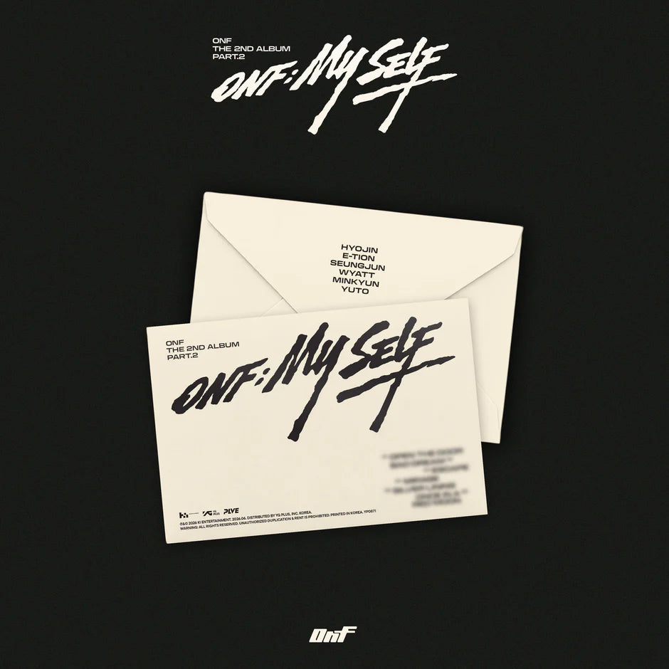 ONF's 2nd album cover with envelope on a black background