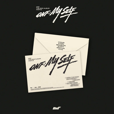 ONF's 2nd album cover with envelope on a black background