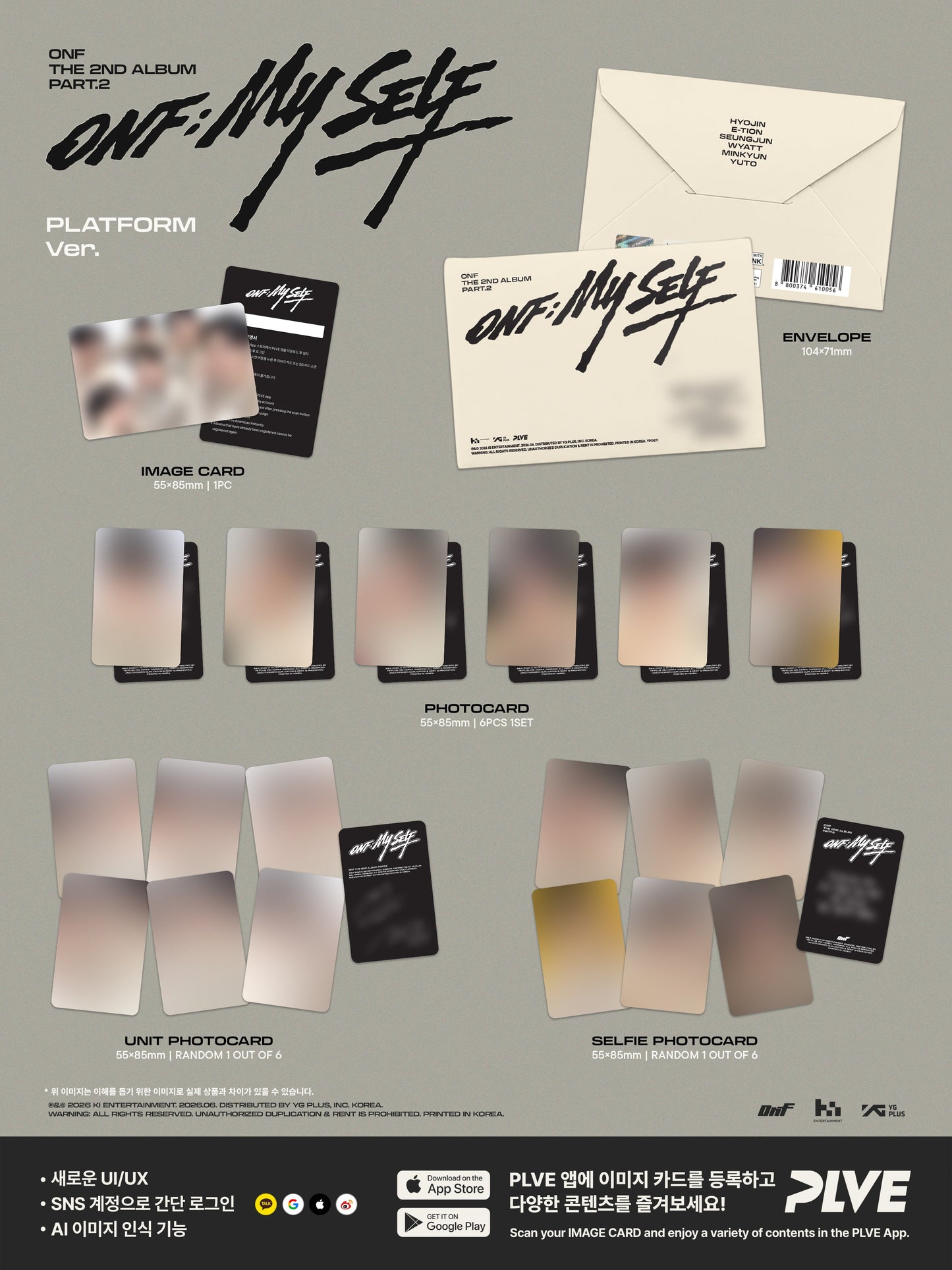 ONF's 2nd album packaging with photo cards and envelope on a gray background