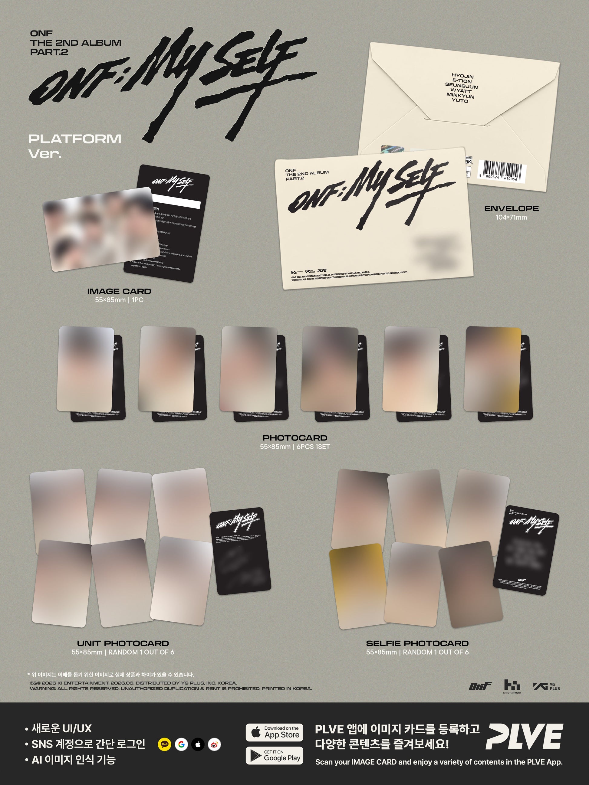 ONF's 2nd album packaging with photo cards and envelope on a gray background