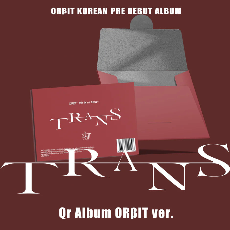 Orbit Korean pre-debut album packaging with 'TRANS' text on a red background