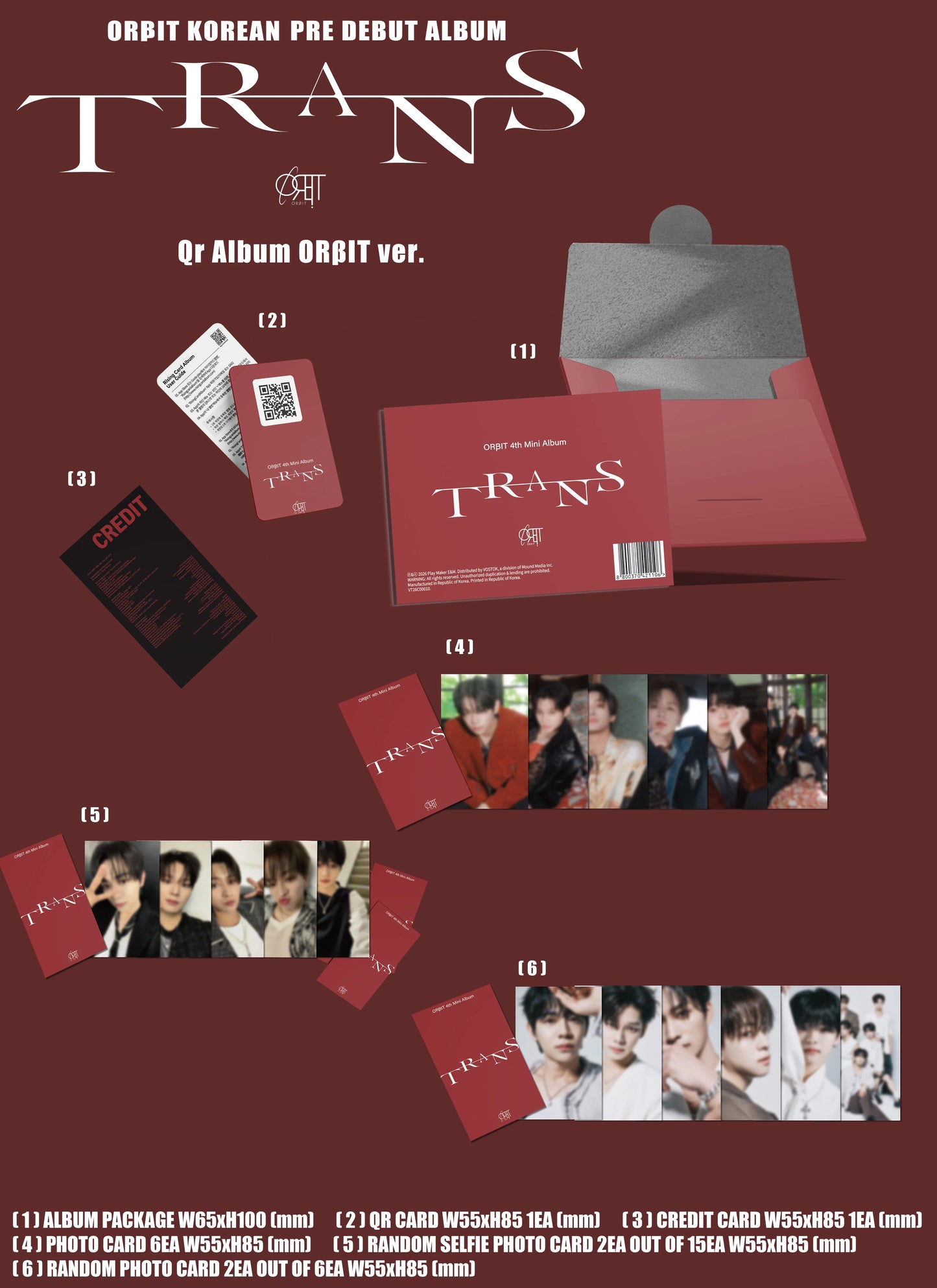 Orbit Korean pre-debut album 'TRANS' with packaging and inclusions on a red background