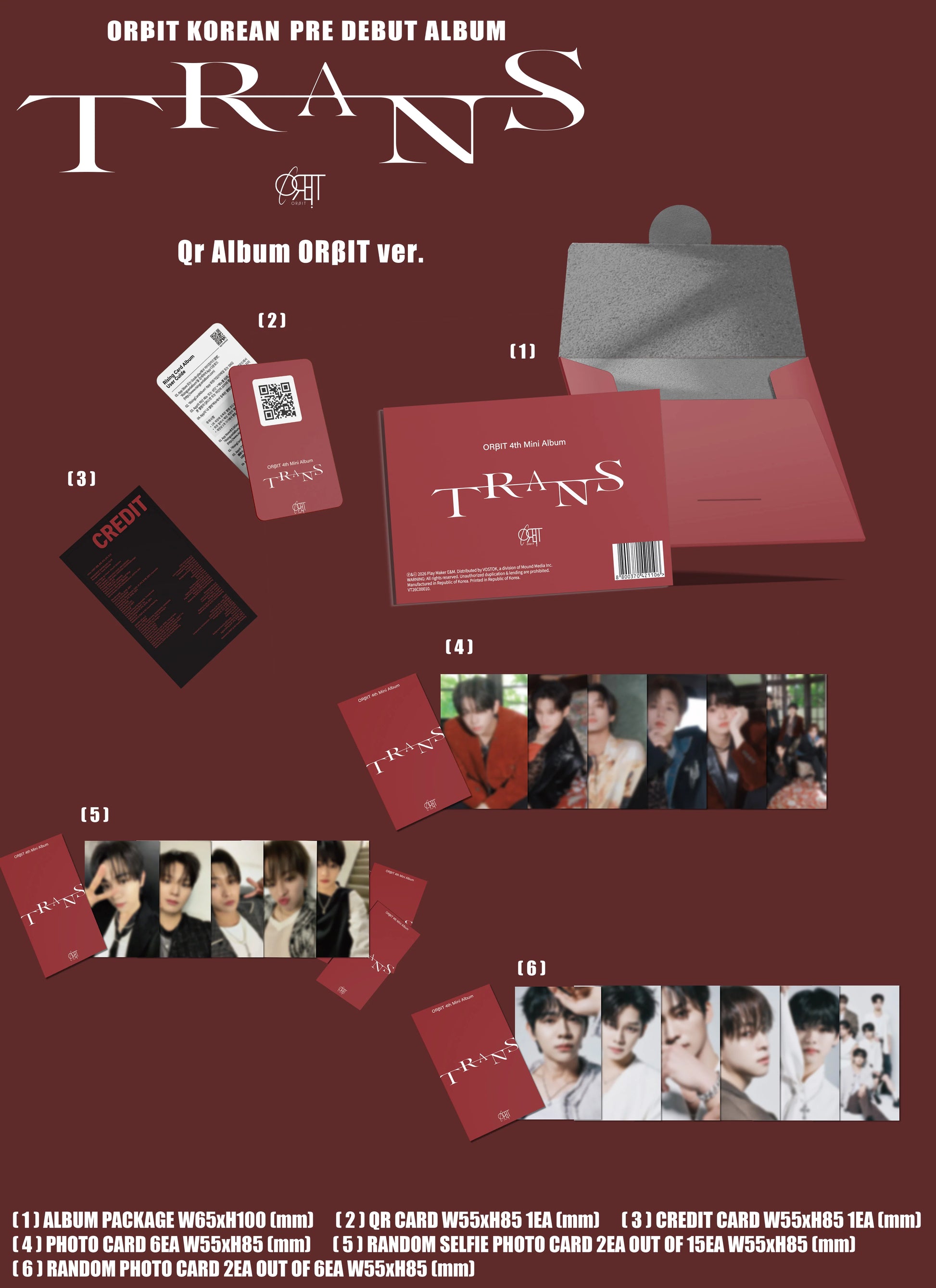 Orbit Korean pre-debut album 'TRANS' with packaging and inclusions on a red background