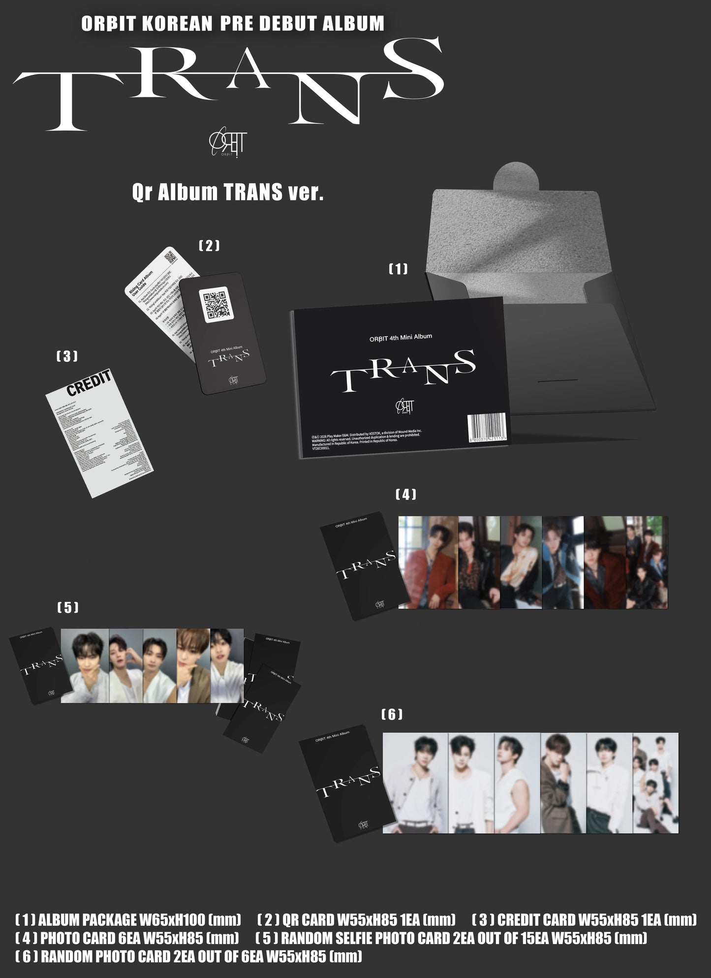 ORBIT pre-debut album 'TRANS' with packaging and included items on a black background