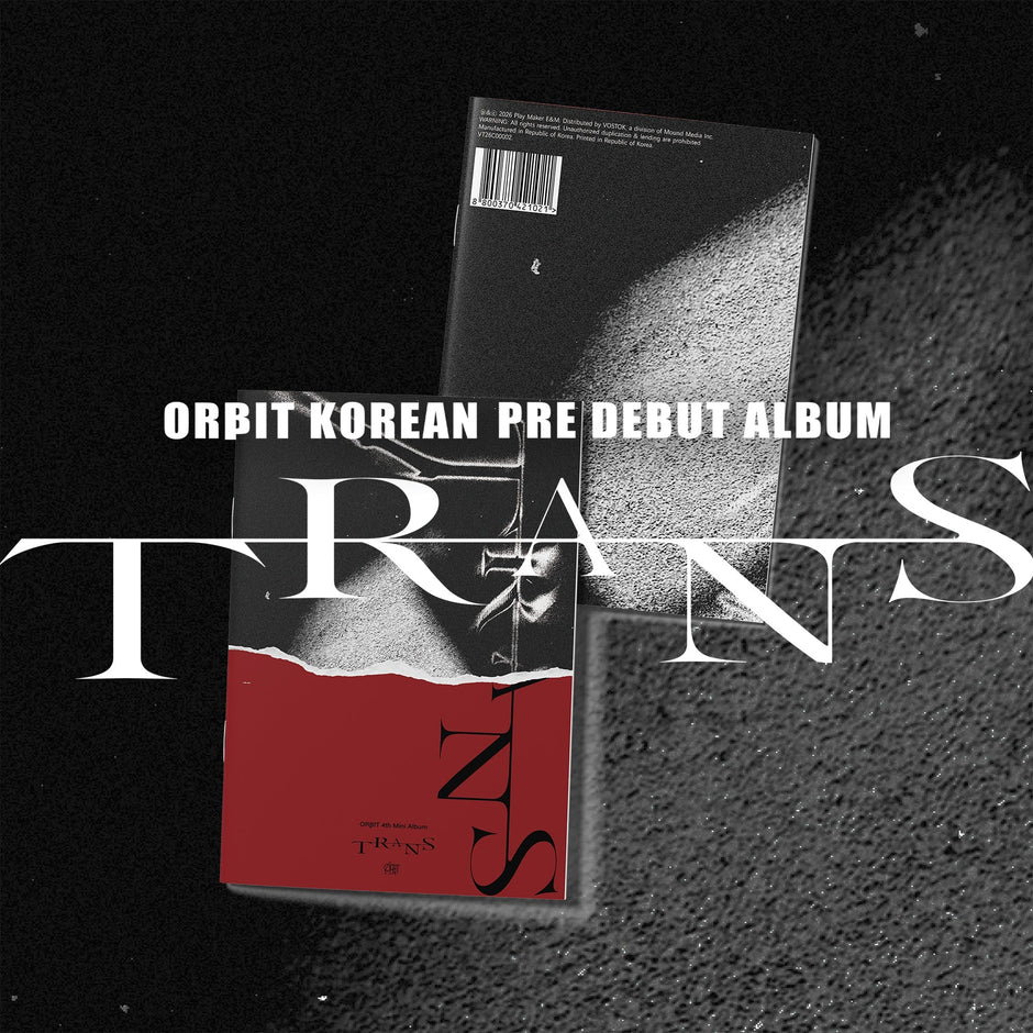 ORBIT'S album packaging with 'TRANS' and text indicating a Korean pre-debut album on a textured black background.