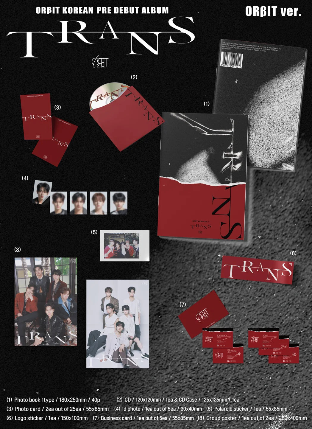 Korean pre-debut album 'TRANS' by ORBIT with packaging and photos on a black background