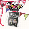 Cartoonish album cover titled 'Our Birthday!' with a white border and character artwork, shown on a decorated birthday-themed graphic background with streamers, and the text 'Whip! Our Birthday! Cartoon Book Ver.'.