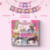 A spiral-bound coloring book cover shown on a pink promotional background with decorative banner text reading 'OUR BIRTHDAY' and smaller text '1st Single Album COLORING BOOK VER.' The book cover shows pastel cartoon-style characters and party decorations.