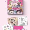 OURBIRTHDAY's 1st single album  coloring book ver. inclusions featuring a main spiral-bound coloring book with character artwork, smaller booklet pages, a sticker sheet, a pink envelope, and a CD, all arranged on a light pink background with banner text at the top.