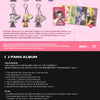 A promotional collage for the 'Our Birthday! Metal Keyring Version'. The top half features a pink background showcasing the black album case, keychains, character cards, and photocards