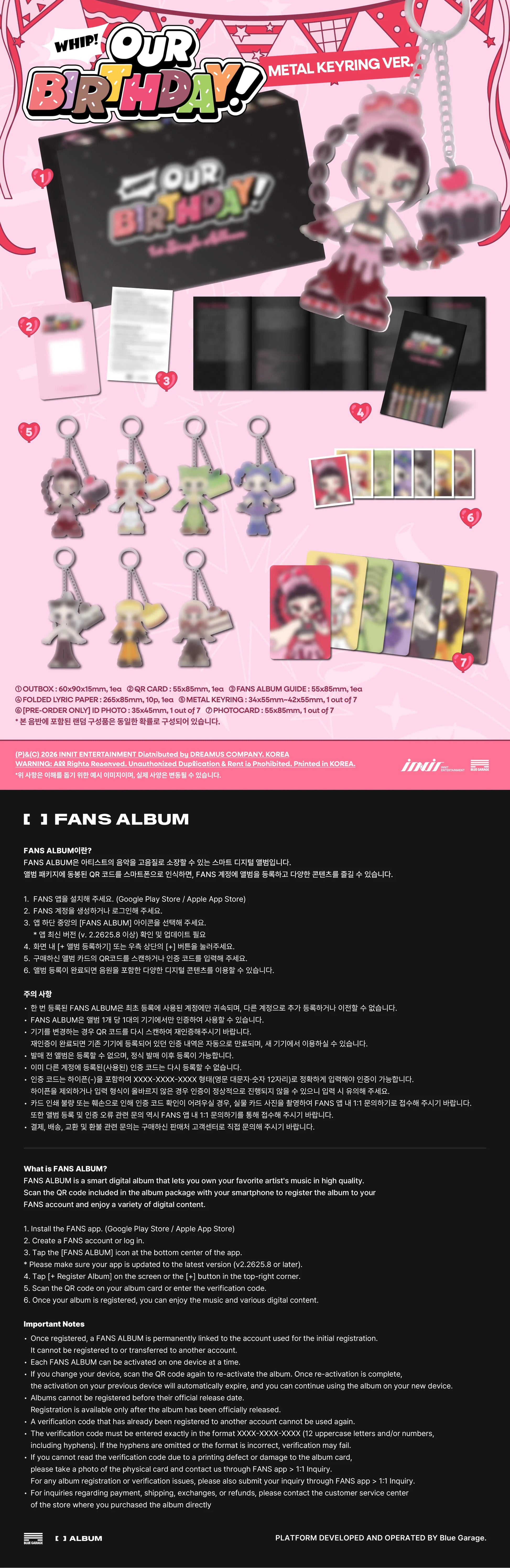 A promotional collage for the 'Our Birthday! Metal Keyring Version'. The top half features a pink background showcasing the black album case, keychains, character cards, and photocards