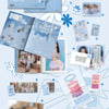 A light blue and white promotional collage for 'Our Birthday' inclusions featuring a photobook, CD, card cover sticker,  folded poster, photocard, group photocard, lyric poster arranged on a pale blue background with decorative text and snowflake motifs.