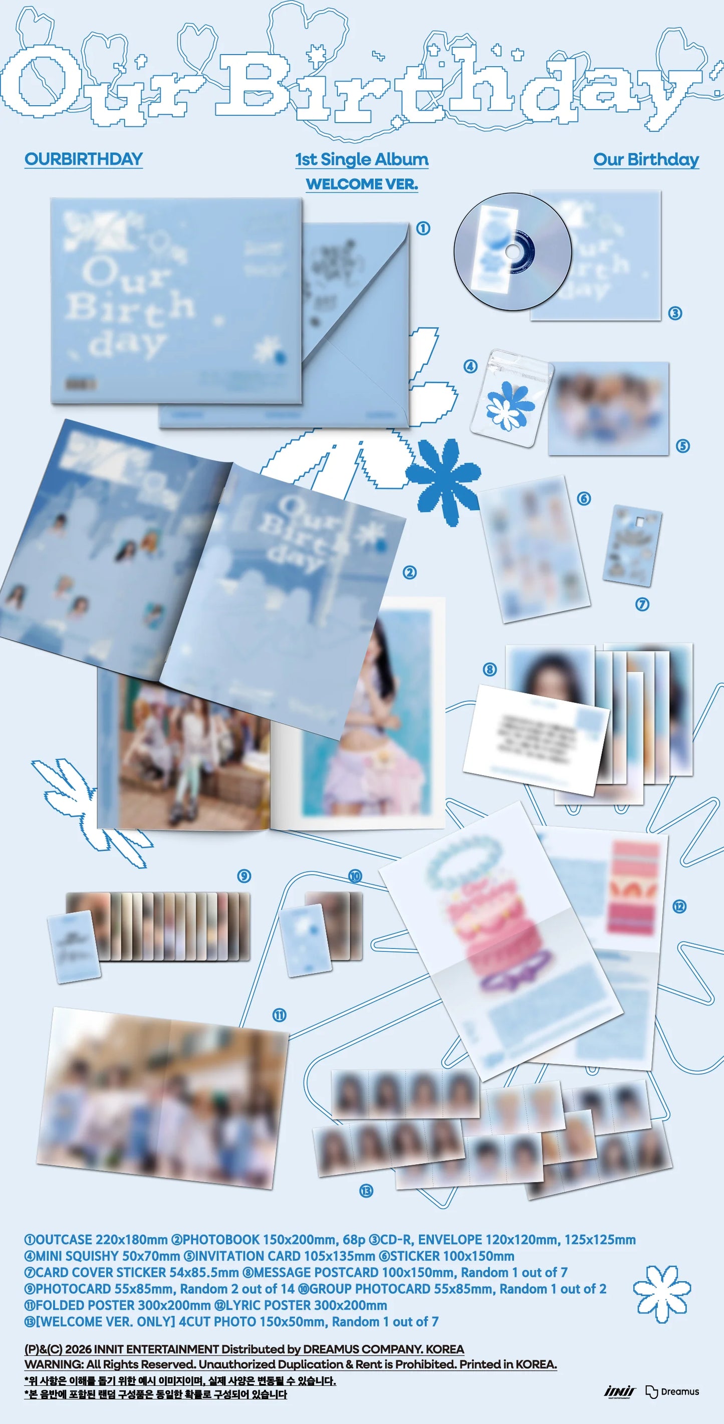 A light blue and white promotional collage for 'Our Birthday' inclusions featuring a photobook, CD, card cover sticker,  folded poster, photocard, group photocard, lyric poster arranged on a pale blue background with decorative text and snowflake motifs.