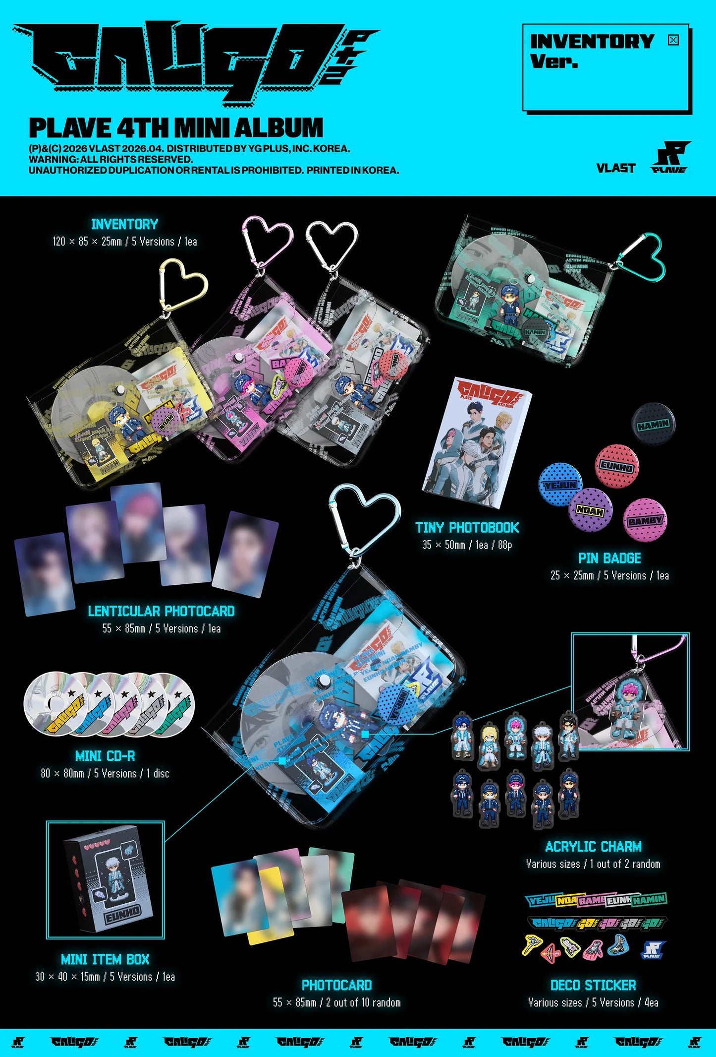 Promotional image of a PLAVE's 4th mini album with various merchandise items on a black background.