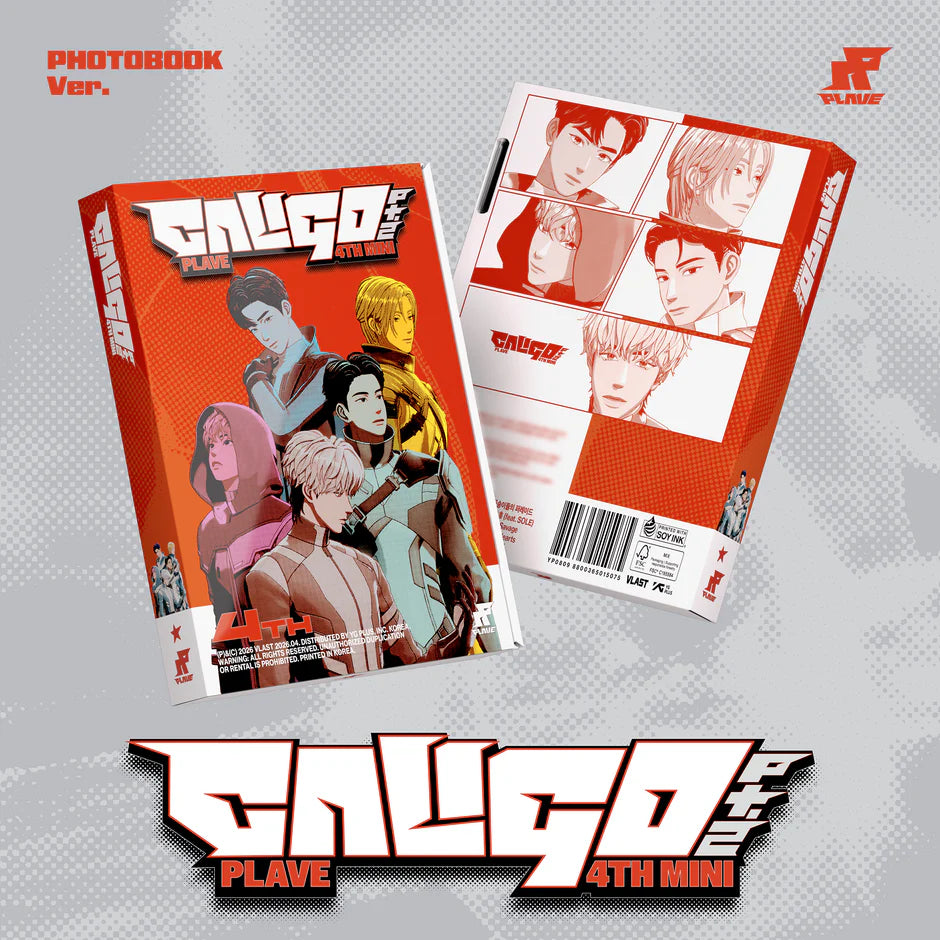 PLAVE's Caligo Album Photobook packaging with character illustrations on a gray background