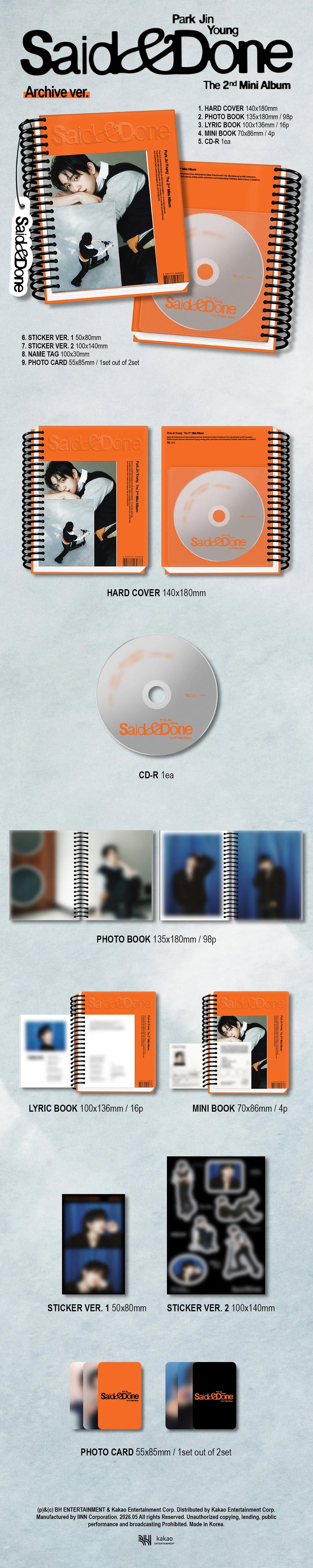 Inclusions within Park Jin Young's 2nd mini album showing a photobook, lyric book, stickers, photocards.