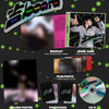 Inclusions for Picheolin's 1st Mini Album in Jewel Case Version, showing the jewel case, booklet, folded poster, photocard, CD-R, and film photo on a dark background with green dots.